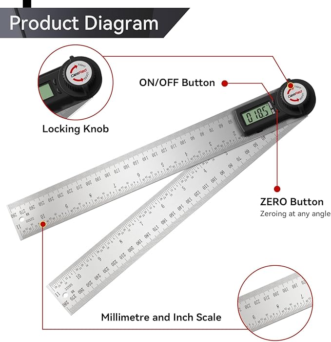GemRed 82305 Digital Angle Finder Protractor (Stainless steel 300mm)