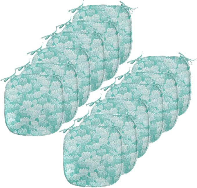 Lunarable Aquamarine Chair Seating Cushion Set of 12, Retro Design Continuous Pattern of Abstract Flowers, Anti-Slip Seat Padding for Kitchen & Patio, 16"x16", Turquoise Pale Seafoam