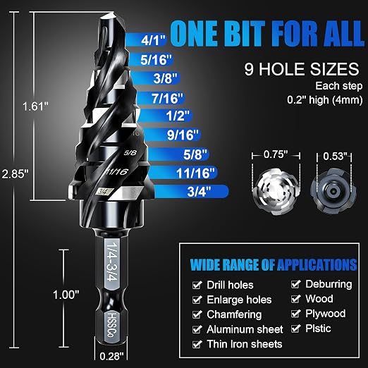 M35 Four Spiral Flute Step Drill Bit Set 1/4"-3/4" （9 Sizes）, 1/4" Hex Shank Unibit Step Drill bit, Impact Resistant M35 Cobalt Step Drill Bit, for Stainless Steel, Wood, Aluminum, Plastic