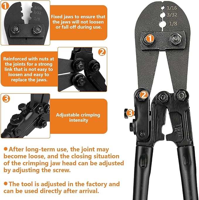 TooTaci Wire Rope Crimping Tool Kit, Include 14 inch Swaging Tool and Wire Rope Cutter, Cable Crimper for 1/16" to 1/8" Crimping Loop Sleeves