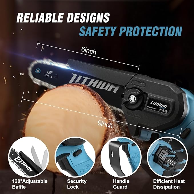 Mini Chainsaw Cordless 6 Inch with 2 Batteries Powered 40V Electric Power Chain Saws with Security Lock, Upgraded Handheld Small Chainsaw for Wood Cutting Trimming