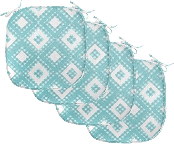 Lunarable Geometric Chair Seating Cushion Set of 4, Nested Diagonal Squares with Tiny Polka Dots Symmetric Repetition, Anti-Slip Seat Padding for Kitchen & Patio, 16"x16", White and Pale Teal