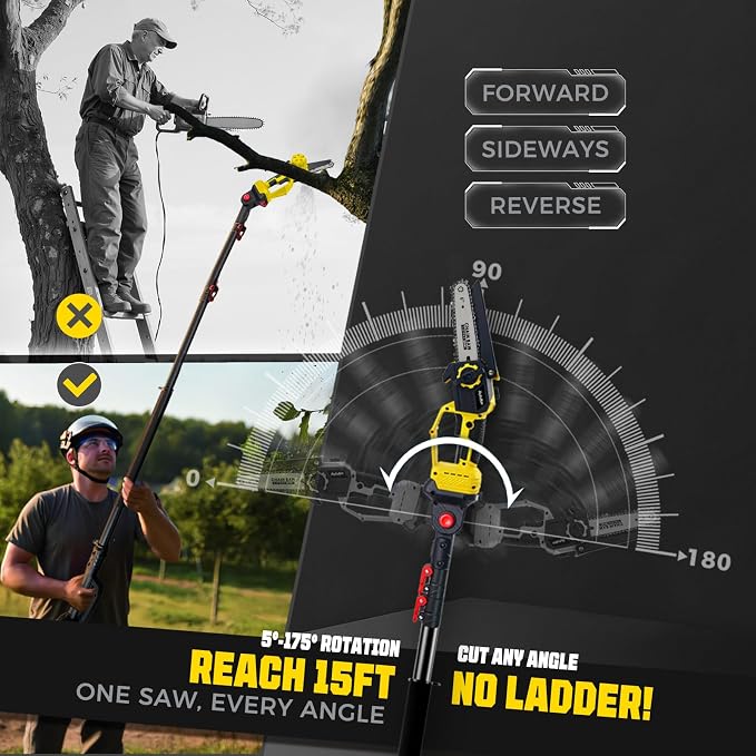 2-in-1 Electric Pole Saws for Tree Trimming, Brushless 1200W Cordless Pole Saw & 6 Inch Mini Chainsaw,16-Foot Max Reach & Multi-Angle, Tree Trimmer Branch Cutter Limb Pruner with 2 Battery