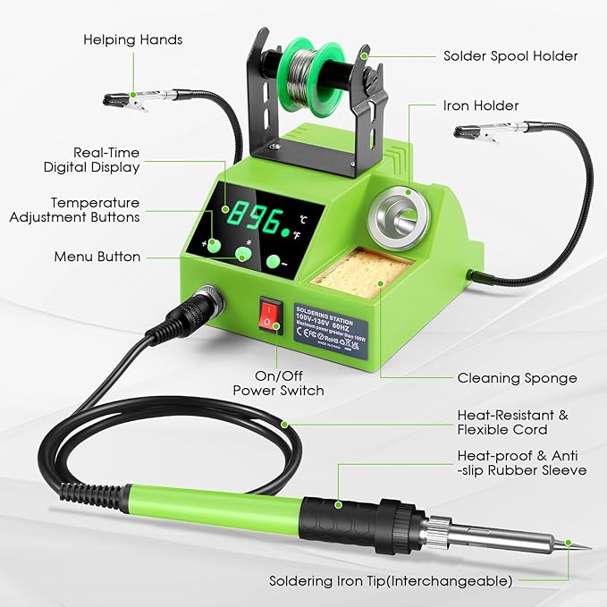 Soldering Station, 100W Digital Display Soldering Iron Station Kit with 2 Helping Hands, 356°F - 896°F, Auto Sleep, °C/°F Conversion, Solder Wire, Tips, Stand, Pump, Tweezers, Tip Cleaner, Green