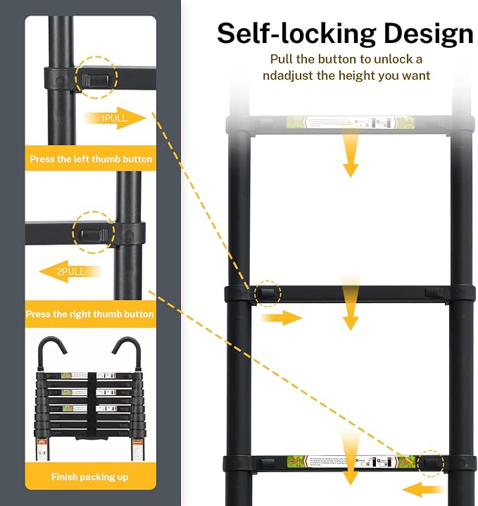RIKADE Telescopic Ladder, 8.5 ft Aluminum Telescoping Ladder with Non-Slip Feet and Stable Hook, Portable Extension Ladder for Household and Outdoor Working, Max Load 330 lb, Black