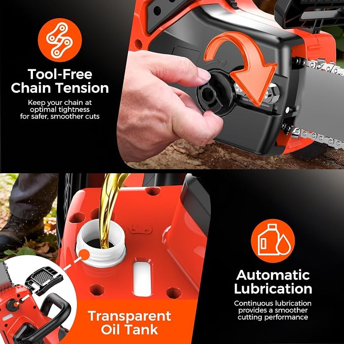 Battery Powered Chainsaw,12" & 16" Dual Guide Plate.21V Electric Cordless Chainsaw with 2 Batteries and Charger.Brushless Chain Saw Kit with Safety Goggles and Gloves for Tree Pruning and Wood Cutting