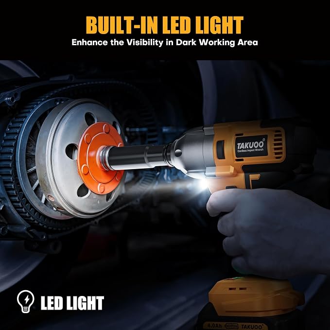 Takuoo Cordless 1/2 inch Brushless Impact Wrench, Max Torque (1200N.m) 900Ft-lbs Electric Impact Gun w/2x 4000mAh Battery, Charger & 6 Sockets, Power Impact Driver for Car Home