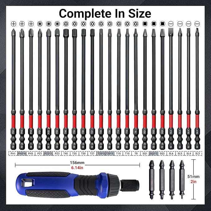 63-Pcs Impact Screwdriver Bits Set, Magnetic S2 Steel Phillips/Square/Torx/Hex Insert Power Bits Tips Screw Extractor Set with Bit Magnetizer, Quick Release Extension and Ratchet Screwdriver Handle