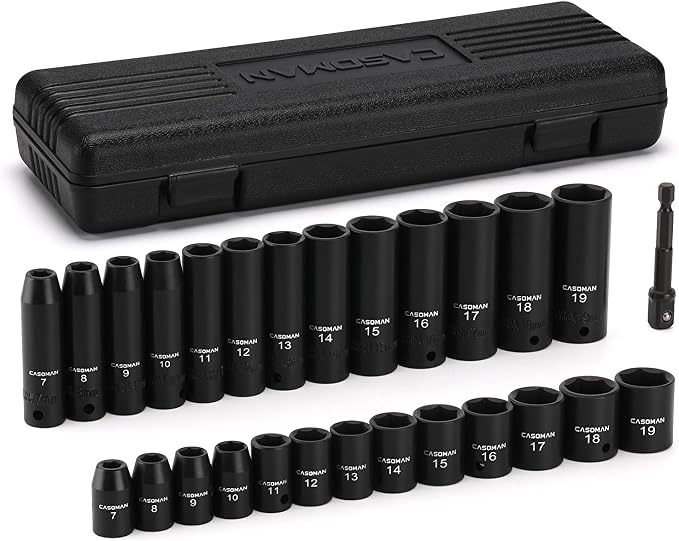 CASOMAN 27 Pieces 3/8-Inch Drive Impact Socket Set, Deep & Shallow, Metric (7mm - 19mm), 6 Point, CR-V Steel