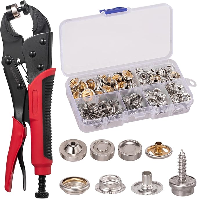 Spurtar Heavy Duty Snap Fastener Tool Adjustable Snap Button Kit with 3 Dies and 40 Sets 15mm Buttons for Boat Cover Leather Fabric Cloths Denim Canvas Tarp Crafts DIY Buckle Repair and Installation