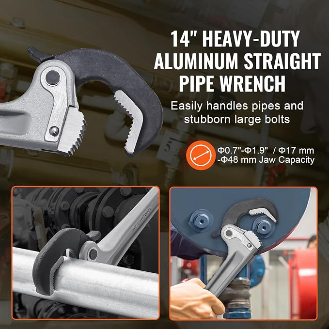 VEVOR Pipe Wrench, 14" Aluminum Straight Pipe Wrench, Automatic Jaw Adjustment, Adjustable Plumbing Wrench, Easy to Carry, Ergonomic Handle, Hangable Design, for Water Pipes, Automotive Repairs