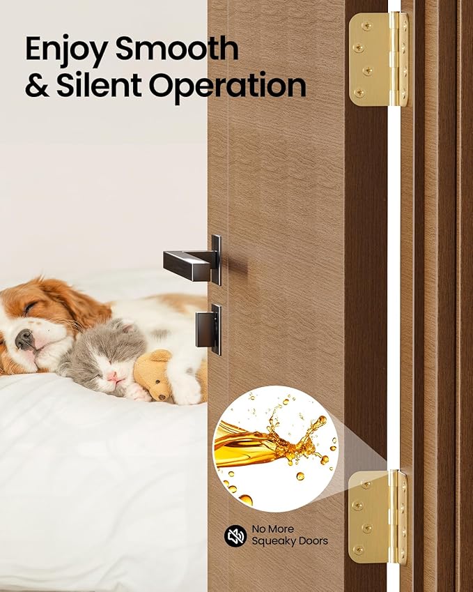 4" X 4" Satin Brass Door Hinges – 12 Pack Satin Gold Brushed Brass Door Hinges with 5/8" Radius, Rounded Interior & Heavy Duty Front Door Hinge for Home, Gate, Furniture, Residential Use