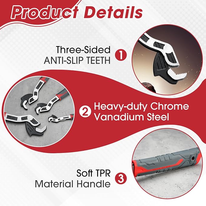Self Adjusting Pipe Wrench, 6”8”10”12” Self Locking Wrench Set with Forged Double Threaded Jaws for Pipes Nuts Bolts and Plumbing Repair