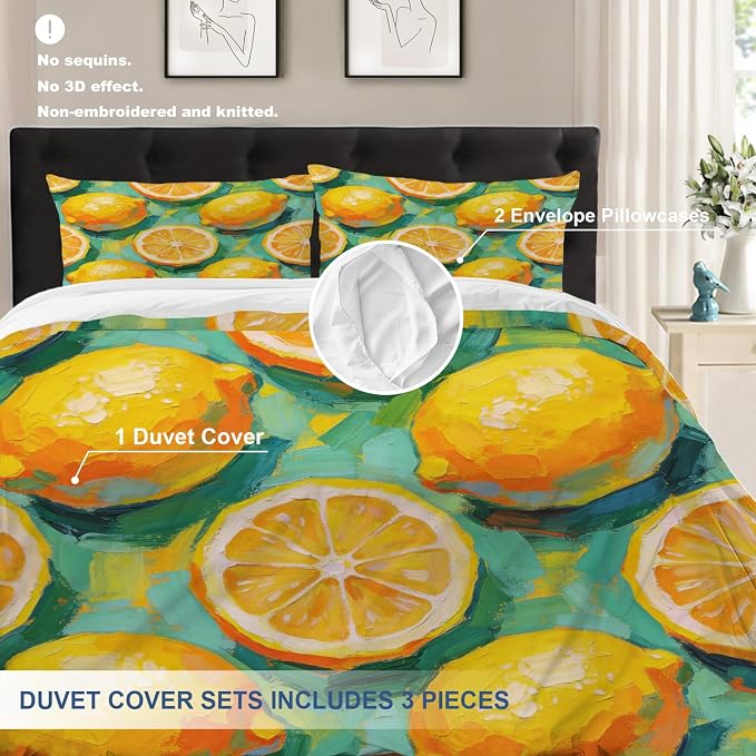 Batmerry Lemons Full Size 100% Cotton Duvet Cover Sets, Impressionistic Lemon Pattern Bedding Set with Zipper Closure Corner Ties, 3 Pieces (1 Cover + 2 Pillowcases No Comforter)