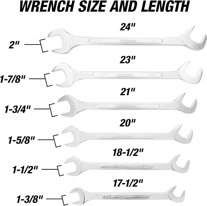 OEMTOOLS 6-PC SAE Jumbo Angle Head Combination Wrench Set 1-3/8" to 2" | Chrome-Plated to Resist Rust, Chrome Plated Finish, Includes Nylon Wrench Roll, Durable Carbon Steel