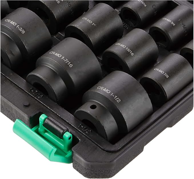 Amazon Basics 1/2“ Impact Socket Set, 6 Point Shallow, SAE Size, CR-MO Steel, 10.2" x 8.5" x 2.4", 19-Piece, Previously Denali Brand