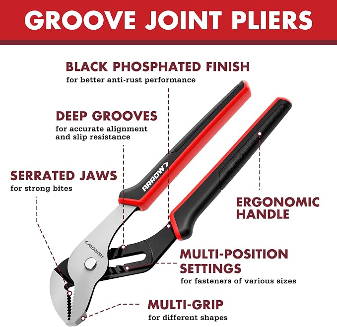 ARROW 3-Piece Groove Joint Pliers, 8", 10" & 12" Adjustable Water Pump Pliers with TPR Handle, High Carbon Steel Tongue and Groove Plier for Plumbing, Automotive and Household Repairs