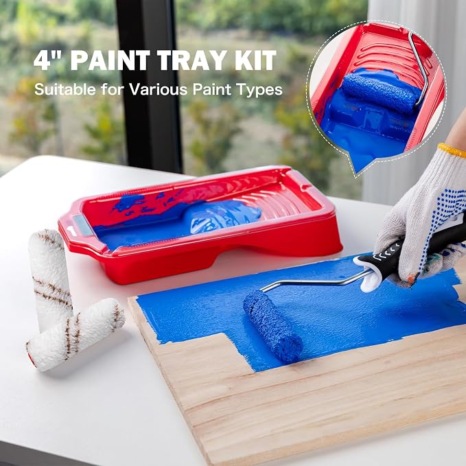 Mister Rui Mini Paint Roller Kit-13 Piece, 4-Inch Microfiber Paint Rollers with Ergonomic Handle, Small Roller Paint Brush, Paint Tray with 3 Liners, Perfect for House Painting, Trim, and Touch-Ups