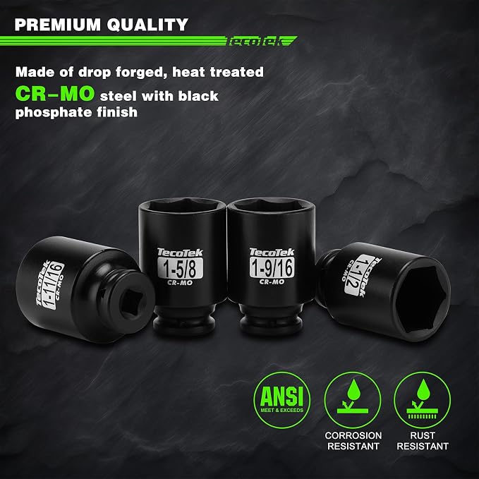 TecoTek 1/2" Drive Deep 6-Point Impact Socket Set, 11-Piece Standard SAE Spindle Axle Nut Impact Socket Set, Cr-Mo, 1-3/8-Inch to 2-Inch Size