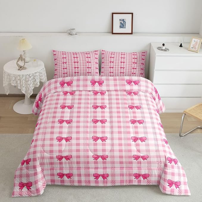 Feelyou Pink Grid Bowknot Comforter Set All Season Bow Checkered Bedding Set with 2 Pillow Cases Princess Microfiber Kids Full Bedclothes Bedroom Decor Duvet Quilt Breathable Soft Lightweight