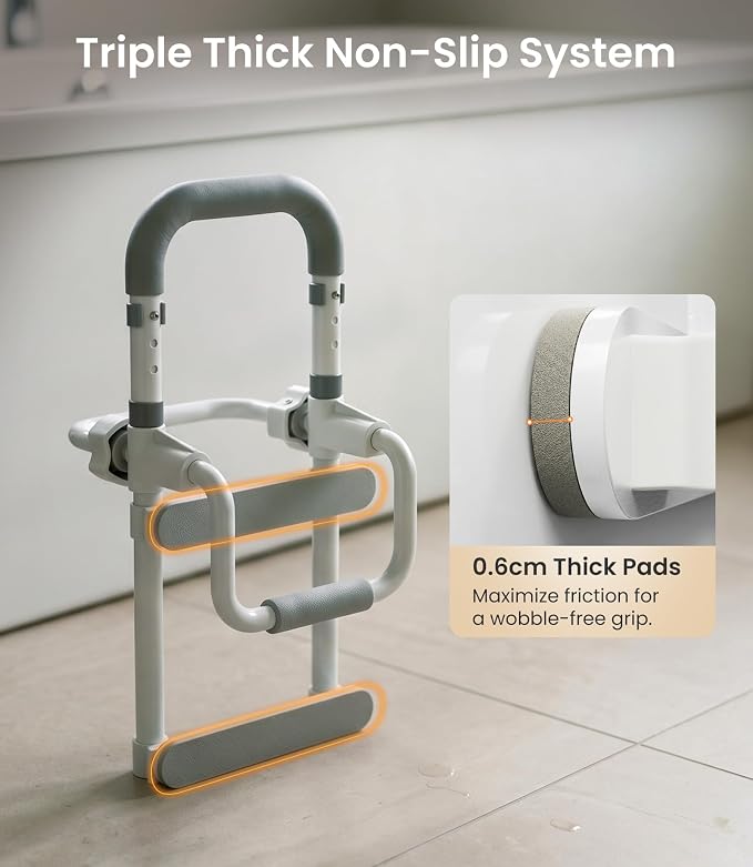 VOCIC Silicone Bathtub Grab Bars for Seniors, Height Adjustable, Clamp On Tub Rails for Elderly Adults Safety