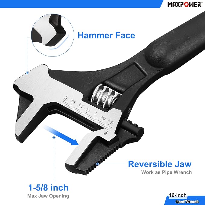 MAXPOWER 12 16-inch Spud Wrench, Continuous Tapered Handle for Alignment | Alignment Holes for Construction and Ironworking, 16 inch Adjustable Wrench with Reversible Jaw, Hammer Head