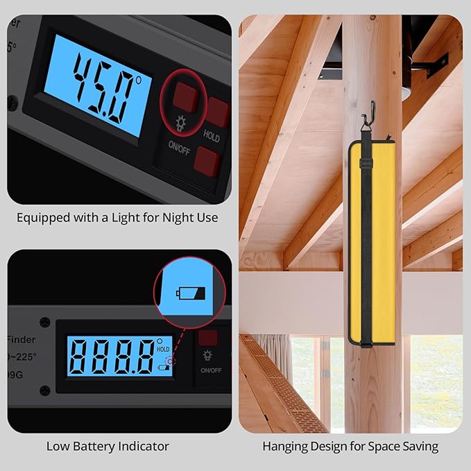 BINTA Digital Angle Finder Protractor 0-225° High Precision Measuring Tool Aluminum with Backlit LCD Display Horizontal Vertical Bubble Levels Storage Bag for Woodworking Construction Carpentry Silver