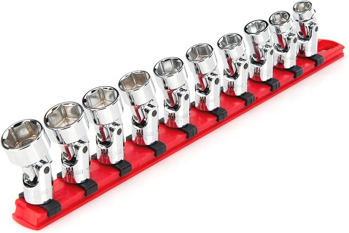 TEKTON 3/8 Inch Drive Universal Joint Socket Set, 10-Piece | SHD91119 | (10 - 19 mm), Shallow, 6-Point, Socket Rail