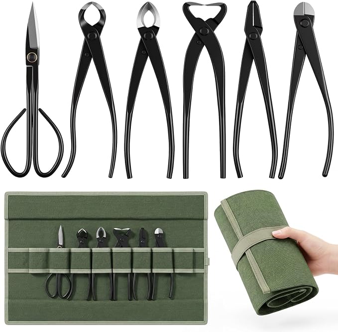 7-piece Bonsai Pruning Tool with Bag, Includes Knob, Concave, Root Cutter, Leaf Bud Scissors, Wire Cutter, Pliers and Tool Bag for Gardening, Horticulture Pruning and Care