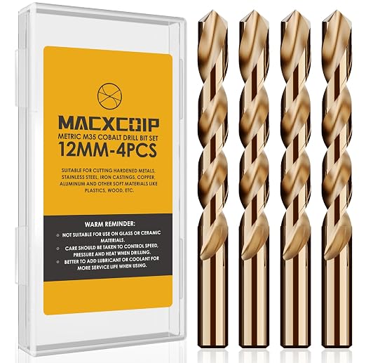 Metric 4Pcs M35 Cobalt Drill Bit Set, 12mm HSS Cobalt Jobber Drill Bits, for Hardened Metals, Stainless Steel, Cast Iron and Wooden Plastics