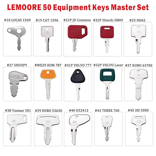 50 Heavy Equipment Keys Master Set, Construction Ignition Key for Cat Caterpillar Case JD John Deere Hyster Komatsu Kubota Yanmar Daewoo Takeuchi Ford New Holland Volvo JCB and More