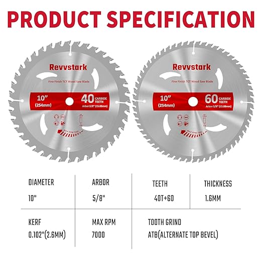 Revvsatrk Circular Saw Blade 10 in 40T&60T, 5/8" Arbor, Carbide Tipped Teeth, TCT Saw Blades for Cutting Various Wood, Plastic and Composite Materials, Fit Dewalt Craftsman Ryobi Milwaukee
