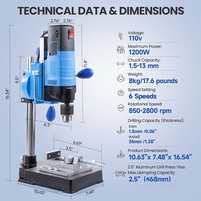 bellaDimora Mini Benchtop Drill Press — 1200W 6-Speed 2800rpm, 16-Piece Multi-Material Drill Bit Kit, 360° Rotation, 3.15 in Drilling Depth, Workshop Stand