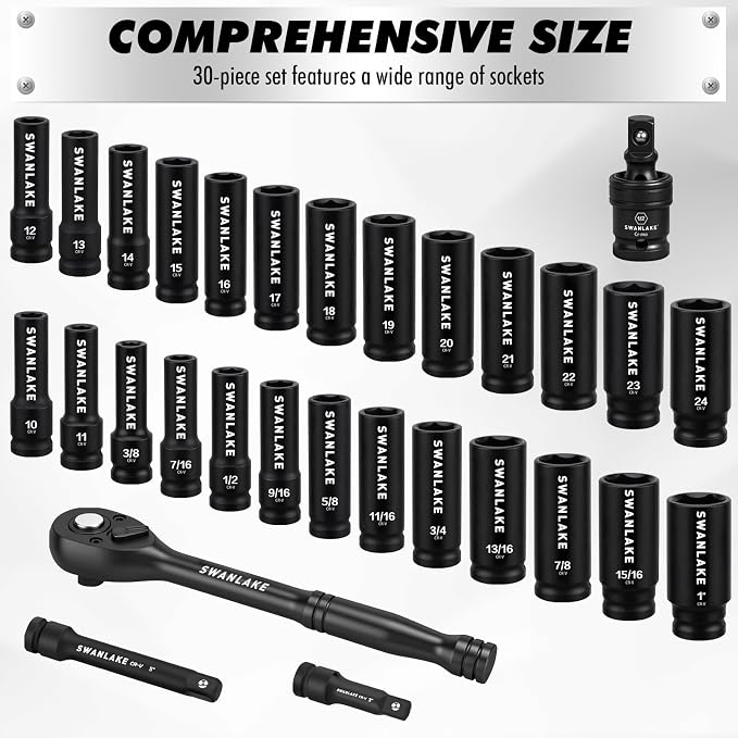 30-Piece 1/2" Drive Impact Socket Set, Standard SAE (3/8-1 inch) and Metric (10-24mm) 6 Point CR-V Steel Deep Socket, Ratchet Handle, 3" & 5" Extension Bar, CR-MO Impact Universal Joint