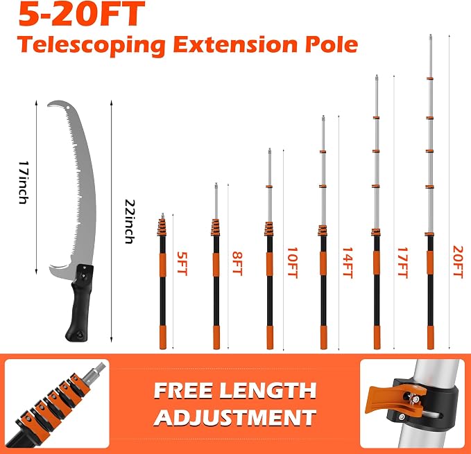 26FT Manual Pole Saw for Tree Trimming, 5-20FT Telescoping Extension Pole with Flip-Lock & Screw Dual Locking, 19" 3X Detachable Pruning Saw Head, Yard Maintenance Pruner for Garden Palms Shrubs