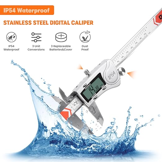 HARDELL Digital Caliper, IP54 Waterproof Caliper Measuring Tool with 3-Batteries & Extra Cover, All Stainless Steel Heavy-Duty Vernier Caliper Micrometer, Inch/MM/Fraction for DIY/3D-Printing