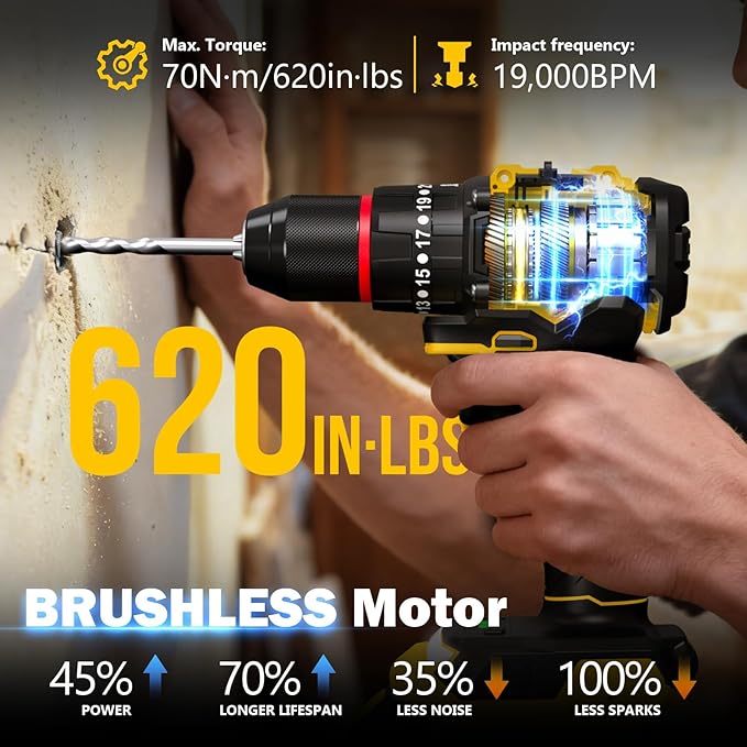 Sundpey Cordless Power Drill Set - 620in-lbs 3/8" Metal Chuck Electric Drill w/Brushless Motor & 23+3 Torque Settings & 2 Battery & LED Light - Drills Driver for Home DIY Woodworking Bricks Drilling