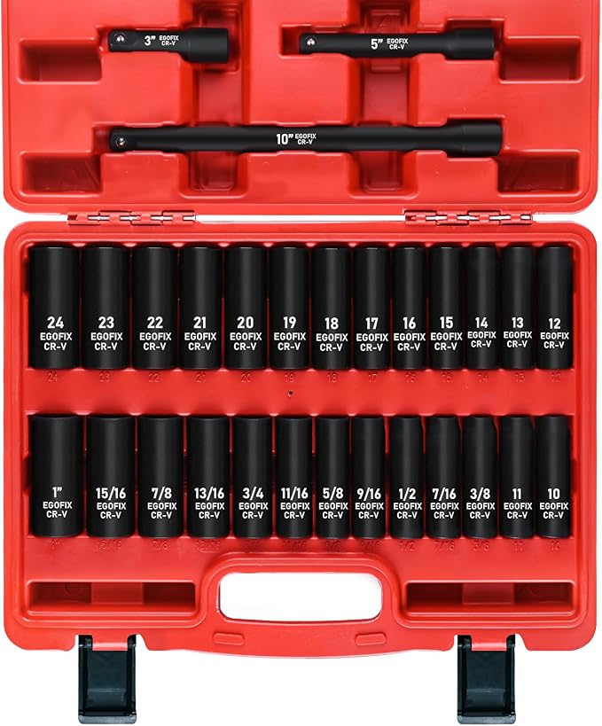 29 Pieces 1/2" Socket Set, Drive Deep Impact Socket Set with 3", 5", 10" Extension Bars, 6 Point SAE and Metric (3/8"-1", 10mm-24mm), Cr-V Steel