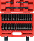 29 Pieces 1/2" Socket Set, Drive Deep Impact Socket Set with 3", 5", 10" Extension Bars, 6 Point SAE and Metric (3/8"-1", 10mm-24mm), Cr-V Steel
