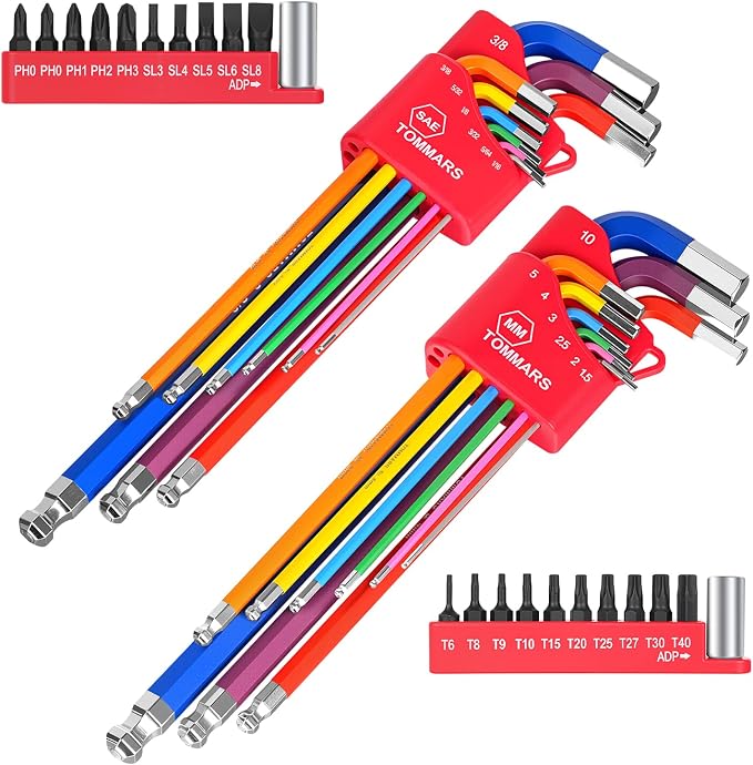 TOMMARS 18-PC Magnetic Ball End Allen Wrench Set, Extra Long & Color Coded | Extra Long Arm, Color Coded, S2 Steel, SAE(1/16"-3/8"), Metric(1.5mm-10mm), Including Bits & Adapter