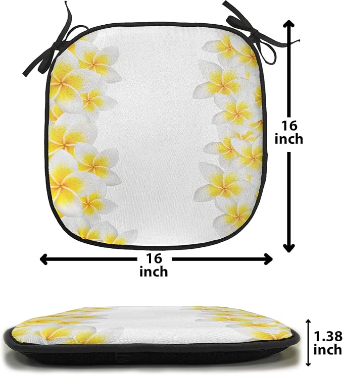 Lunarable Hawaiian Chair Cushion Pads Set of 2, Frangipani Blossoms Exotic Nature Garden Plumeria Flower Frame Relaxation Theme, Anti-Slip Seat Padding for Kitchen & Patio, 16"x16", Yellow White
