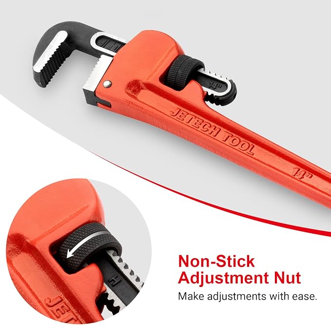 Jetech 14-inch Heavy Duty Straight Pipe Wrench, Adjustable Aluminum Plumber Wrench with Floating Hook Jaw and I-Beam Handle, Red
