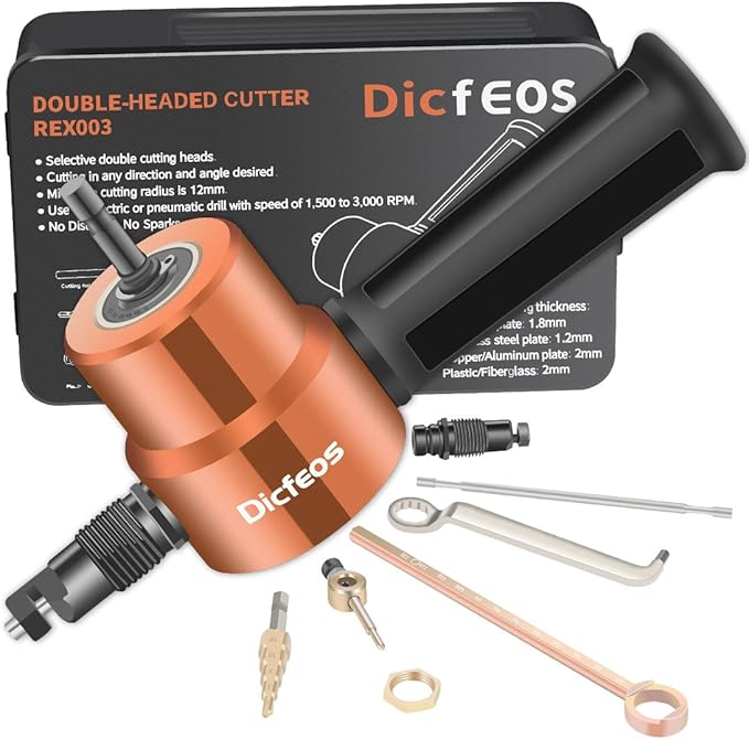 Dicfeos Double Head Sheet Metal Cutter, Versatile Nibbler Drill Attachment for Straight Curve and Circle Cutting, Maximum 14 Gauge Steel, Perfect for Home DIY and Car Repair