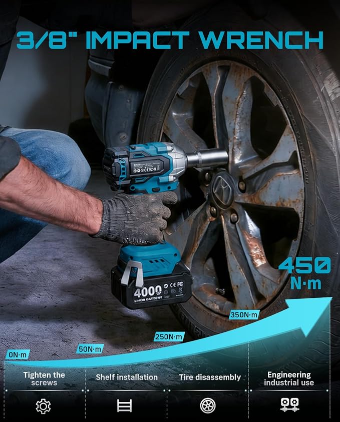 Seesii 3/8" Cordless Impact Wrench, Power Impact Gun w/Max Torque 330Ft-lbs(450N.m), 4.0Ah Rechargable Battery & 4 Sockets, Compact Power Impact Wrench for Lightduty Work Car Home,WH450