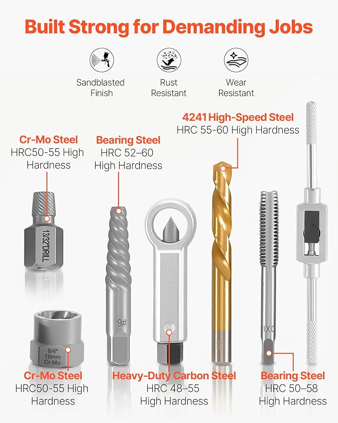 VEVOR 63-Piece Bolt Extractor Kit & Screw Extractor Set, Lug Nut Removal Tool with Left Hand Drill Bit Set, Nut Splitters, Taps & Tap Wrench, Ratchet, Adapters for Removing Rounded, Broken, Stripped