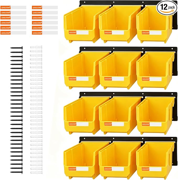 12pc Wall-Mounted Storage Organizer Set with Metal Rails Yellow | Heavy duty tool organization box with metal rails. Ext 7"x5"x4" for garage screws nuts bolts.