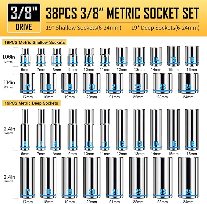 BOEN 3/8-Inch Drive Socket Wrench Set, 76-Piece Metric (6-24mm) & SAE (1/4" to 1"), Deep & Shallow Kit with Embossed & Painted Markings, Ratchet Handle, Spark Plug Sockets, Breaker Bar