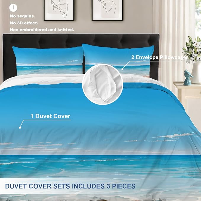 Batmerry Beach Scene Queen Size 100% Cotton Duvet Cover Sets, Tranquil Ocean View Bedding Set with Zipper Closure Corner Ties, 3 Pieces (1 Cover + 2 Pillowcases No Comforter)