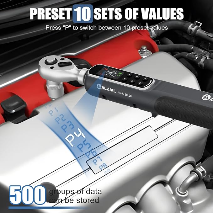 Digital Torque Wrench 3/8 Drive, 1.5-99.6 ft-lb ±2% Accuracy | LED Display, Buzzer&Vibration Alert, 2 Modes, 10 Presets&500 Data Logs, for Lug Nuts, Automotive, Motorcycle Repair