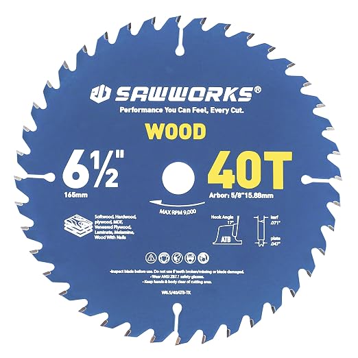 SawWorks 6-1/2" 40T Thin Kerf ATB Circular Saw Blade, General Cutting for Hobbyists & Woodworkers, 5/8" Arbor